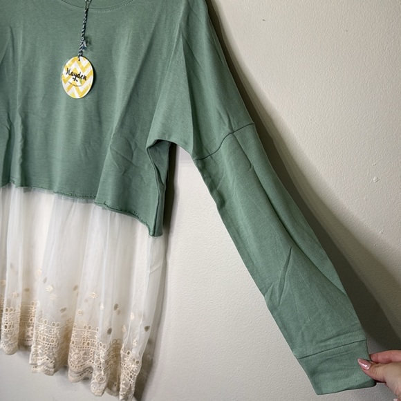 Hayden Los Angeles Mixed Media Cotton/Lace Sage Green Cream Tunic NWT - Picture 5 of 6